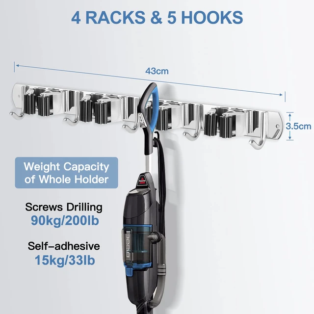 Alt view image 4 of 7 - Broom Holder Wall Mount Stainless Steel Mop Organizer 4 Racks 5 Hooks Heavy Duty Garage Organization Storage,Broom and Mop Organizer Wall Hanging Self Adhesive for Laundry Room