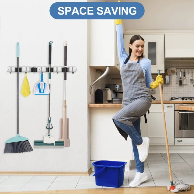Alt view image 7 of 7 - Broom Holder Wall Mount Stainless Steel Mop Organizer 4 Racks 5 Hooks Heavy Duty Garage Organization Storage,Broom and Mop Organizer Wall Hanging Self Adhesive for Laundry Room