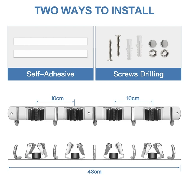 Alt view image 6 of 7 - Broom Holder Wall Mount Stainless Steel Mop Organizer 4 Racks 5 Hooks Heavy Duty Garage Organization Storage,Broom and Mop Organizer Wall Hanging Self Adhesive for Laundry Room