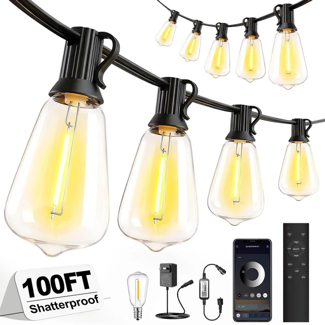 Main image of Outdoor String Lights 100FT, APP & Remote Control Dimmable Patio Lights, Plug in LED String Lights with Timer, Waterproof Backyard Pergola Garden Party Decor