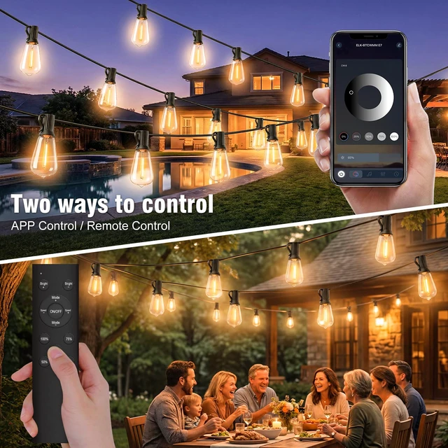 Alt view image 2 of 7 - Outdoor String Lights 100FT, APP & Remote Control Dimmable Patio Lights, Plug in LED String Lights with Timer, Waterproof Backyard Pergola Garden Party Decor