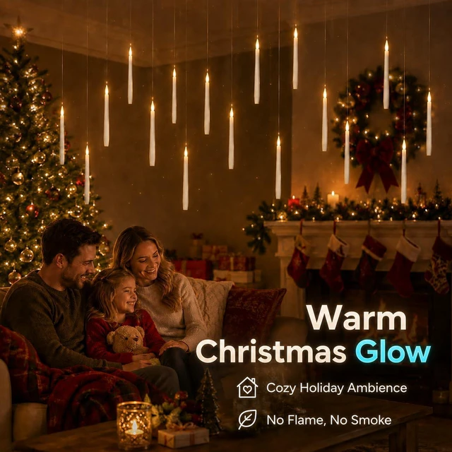 Alt view image 2 of 7 - 24 Pack Hanging Flameless Taper Candles with 2 Magic Wand Remotes, Battery Operated LED Floating Candles for Ceiling, Halloween Christmas Indoor Decor