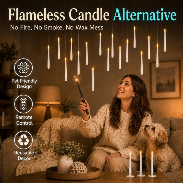Alt view image 5 of 7 - 24 Pack Hanging Flameless Taper Candles with 2 Magic Wand Remotes, Battery Operated LED Floating Candles for Ceiling, Halloween Christmas Indoor Decor