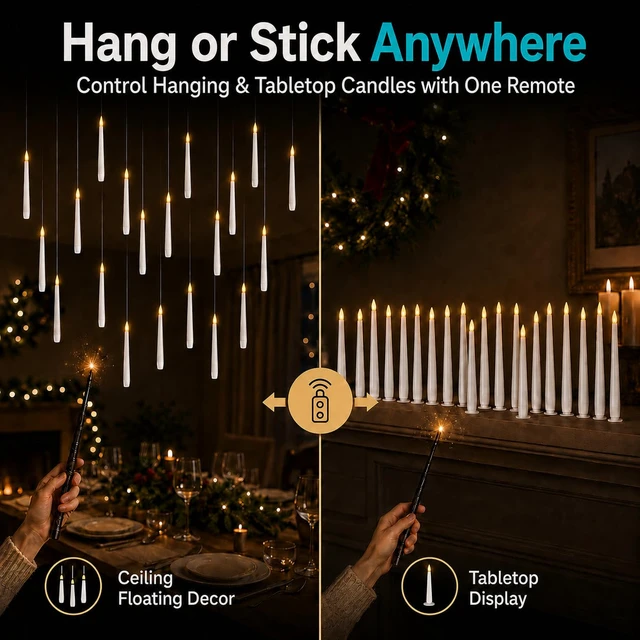 Alt view image 6 of 7 - 24 Pack Hanging Flameless Taper Candles with 2 Magic Wand Remotes, Battery Operated LED Floating Candles for Ceiling, Halloween Christmas Indoor Decor