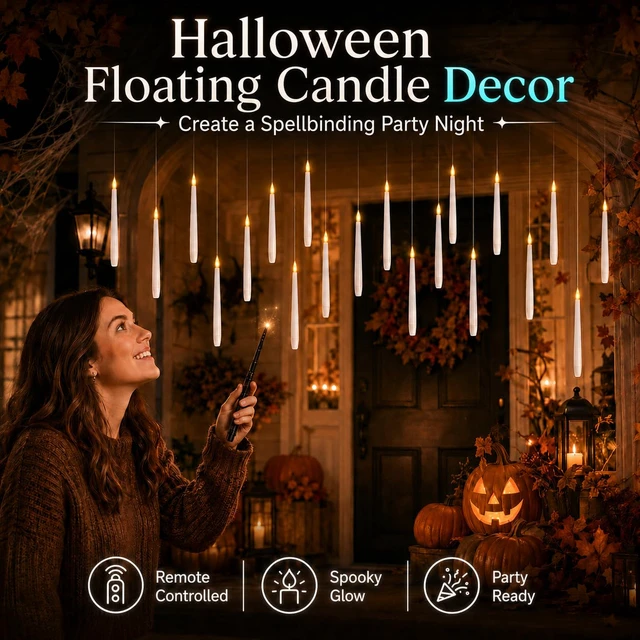 Alt view image 4 of 7 - 24 Pack Hanging Flameless Taper Candles with 2 Magic Wand Remotes, Battery Operated LED Floating Candles for Ceiling, Halloween Christmas Indoor Decor
