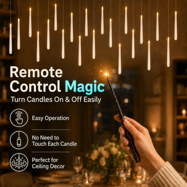 Alt view image 7 of 7 - 24 Pack Hanging Flameless Taper Candles with 2 Magic Wand Remotes, Battery Operated LED Floating Candles for Ceiling, Halloween Christmas Indoor Decor