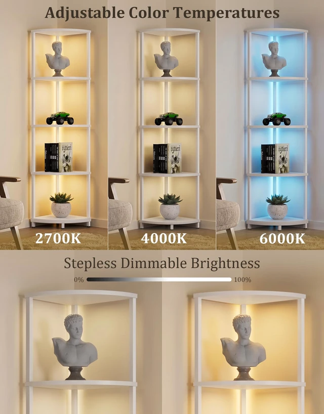 Alt view image 3 of 7 - Corner Shelf with LED Light, 5 Tier Smart Color Changing Floor Lamp with Remote, 62" Display Shelf Bookshelf Narrow Storage Rack Standing Lamp for Living Room Bedroom Home Office Decor, White