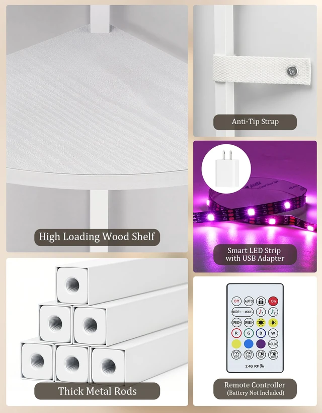 Alt view image 4 of 7 - Corner Shelf with LED Light, 5 Tier Smart Color Changing Floor Lamp with Remote, 62" Display Shelf Bookshelf Narrow Storage Rack Standing Lamp for Living Room Bedroom Home Office Decor, White