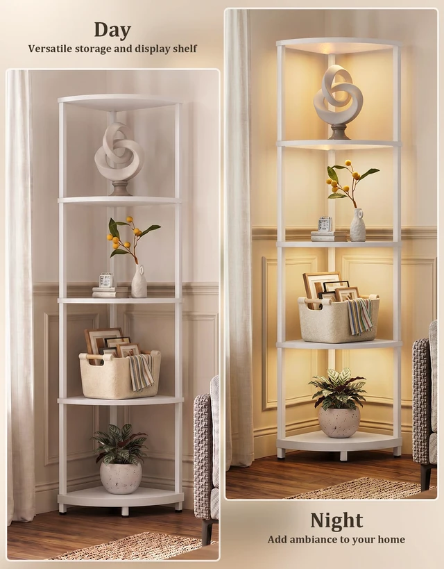 Alt view image 7 of 7 - Corner Shelf with LED Light, 5 Tier Smart Color Changing Floor Lamp with Remote, 62" Display Shelf Bookshelf Narrow Storage Rack Standing Lamp for Living Room Bedroom Home Office Decor, White