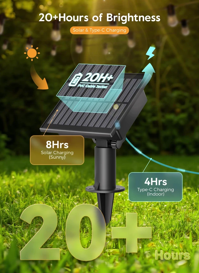 Alt view image 2 of 7 - 58FT Solar String Lights Outdoor Waterproof, S14 Patio Lights 17 LED Shatterproof Bulb, Remote Type-C Port Timable, 3 Light Modes Dimmable Solar String Lights for Outside, Yard, Camping