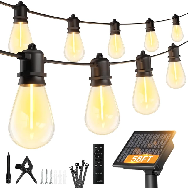 Main image of 58FT Solar String Lights Outdoor Waterproof, S14 Patio Lights 17 LED Shatterproof Bulb, Remote Type-C Port Timable, 3 Light Modes Dimmable Solar String Lights for Outside, Yard, Camping