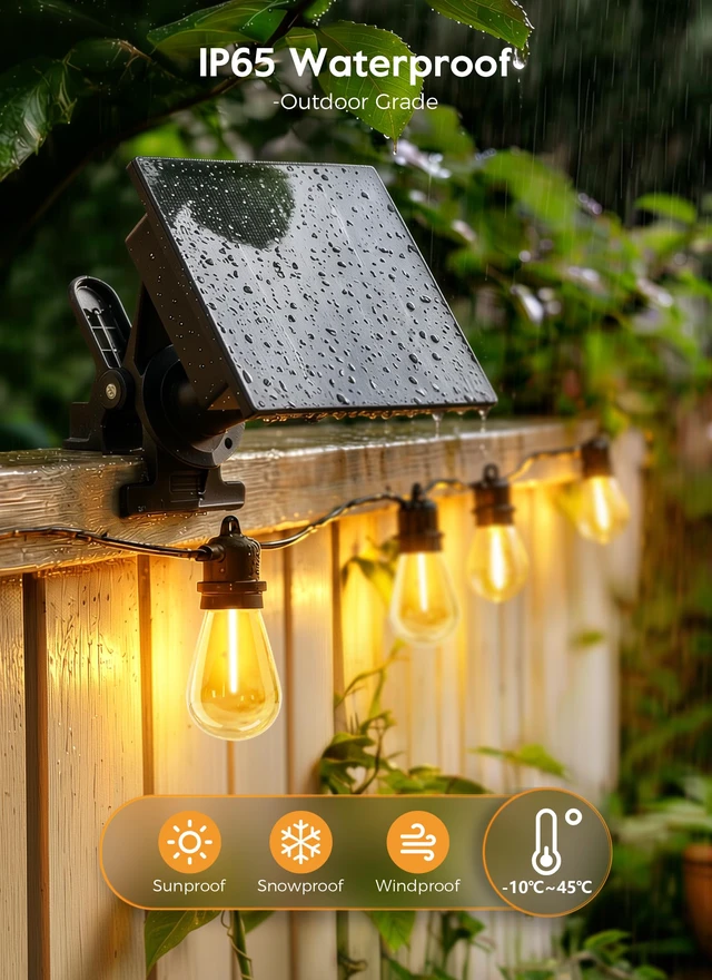 Alt view image 3 of 7 - 58FT Solar String Lights Outdoor Waterproof, S14 Patio Lights 17 LED Shatterproof Bulb, Remote Type-C Port Timable, 3 Light Modes Dimmable Solar String Lights for Outside, Yard, Camping