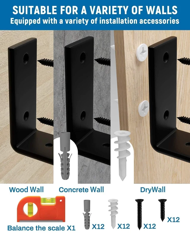 Alt view image 6 of 7 - 8 inch Shelf Brackets 6-Pack, 1/5" Thick Floating Shelf Bracket 7.25" x 4" x 1.5", Heavy Duty Shelf Support for DIY Wall Shelf, Black Industrial Bracket for Kitchen, Garage, Living Room