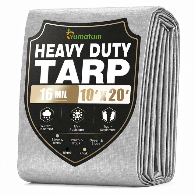 Main image of 16 Mil 10x20 FT Heavy Duty Waterproof Tarps for Outdoor, Silver Heavy Duty Tarps with Reinforced Edges & Rustproof Grommets, Waterproof Cover for Roof, Tent, Camping, Pool, Car
