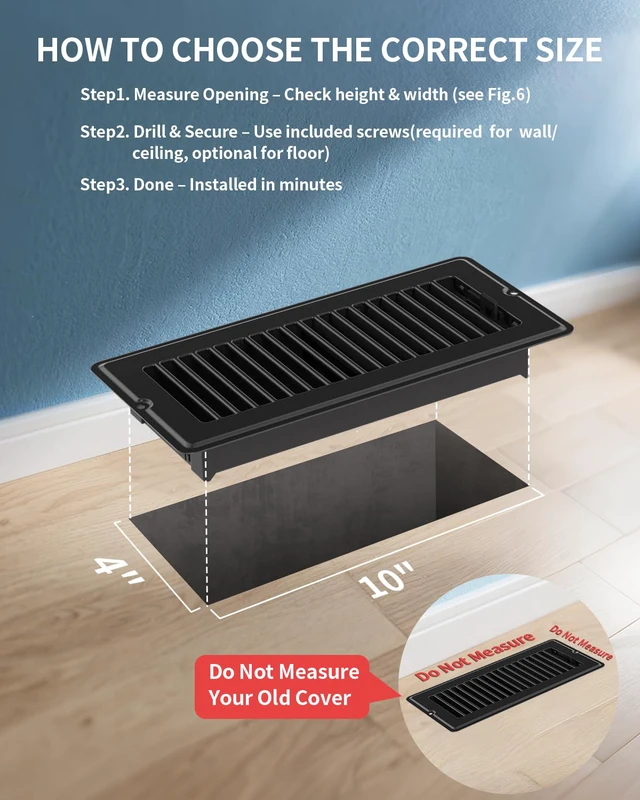 Alt view image 2 of 7 - 4x10 Floor Register Vent Covers for Home Floor Wall Ceiling with 10 Screws 5 Pack Heavy Duty Steel Walkable Black Floor Vents, Rust Proof Finish, Quiet & Easy Adjust Air Supply Lever, Fits 4x10 Inch
