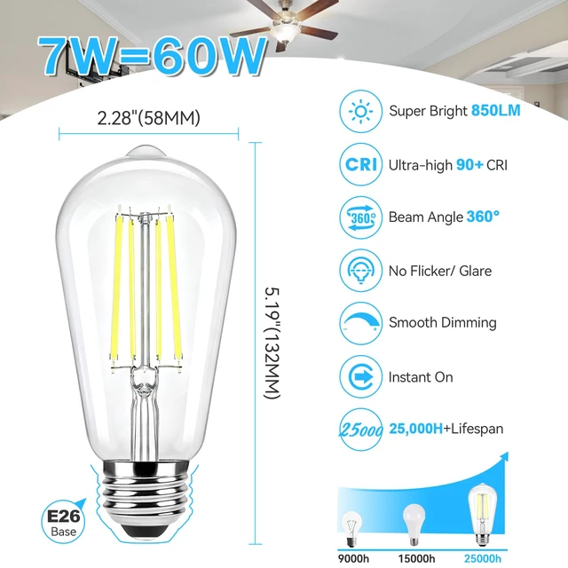 Alt view image 2 of 7 - 8 Pack Edison Light Bulbs 60W Equivalent, Dimmable Light Bulbs, 7W, 850LM Vintage E26 LED Bulb 5000K Daylight White, 90+CRI, ST58 Clear Glass Antique LED Filament Bulb for Porch