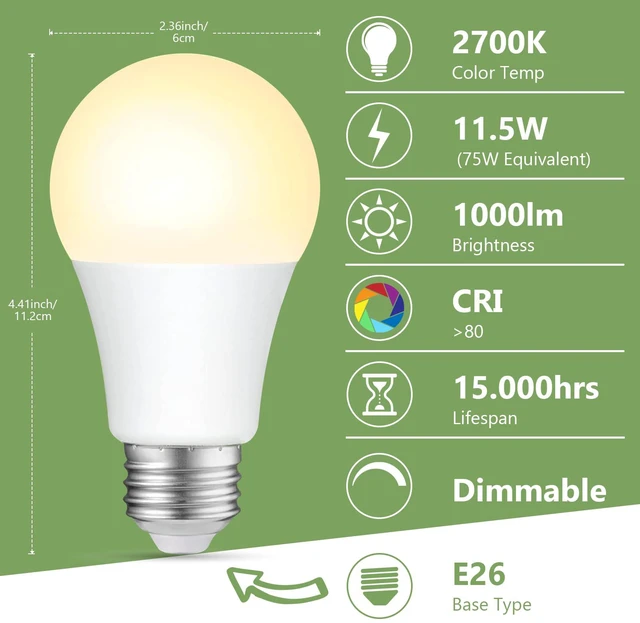 Alt view image 2 of 7 - A19 LED Light Bulbs Dimmable,75W Equivalent 1000 Lumens, 2700K Soft White, E26 Base, 15000-Hour Lifespan, 11.5W Energy Saving LED Bulbs, Ideal for for Living Room & Bedroom Lighting, 6 Pack
