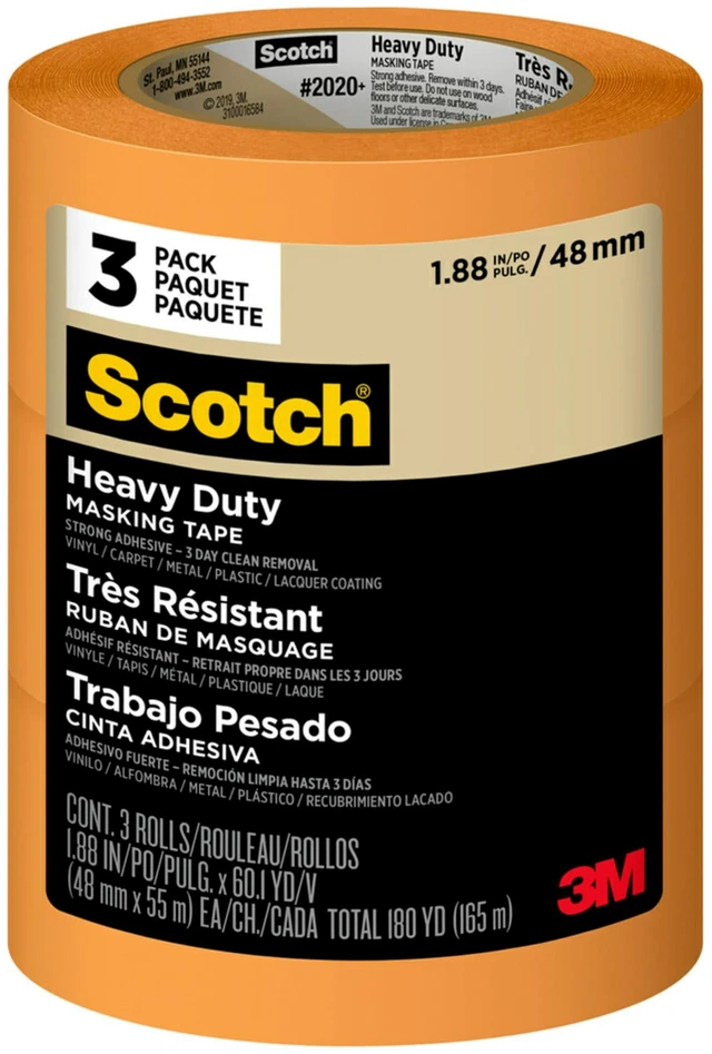 Main image of Heavy Duty Painter's Tape, 3 Rolls, 1.88 in x 60.1 yd, for Use On Vinyl, Carpet, Metal, & Plastic, Indoor & Outdoor Masking Tape, Bonds Aggressively, 3-Day Clean Removal (2020+-48EP3)