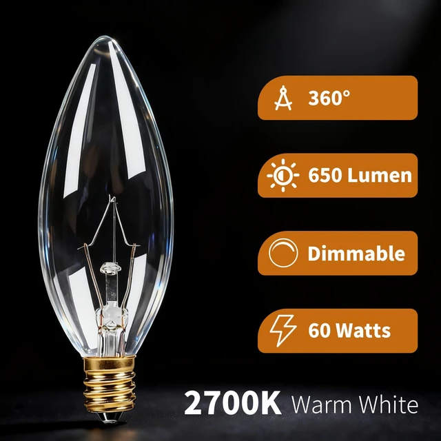 Alt view image 3 of 7 - 20-Pack E12 Candelabra Light Bulbs 60W, Dimmable Warm White 2700K Chandelier Light Bulbs for Ceiling Fan or Pendants, B10 Clear Candle Bulbs (Gold Base)