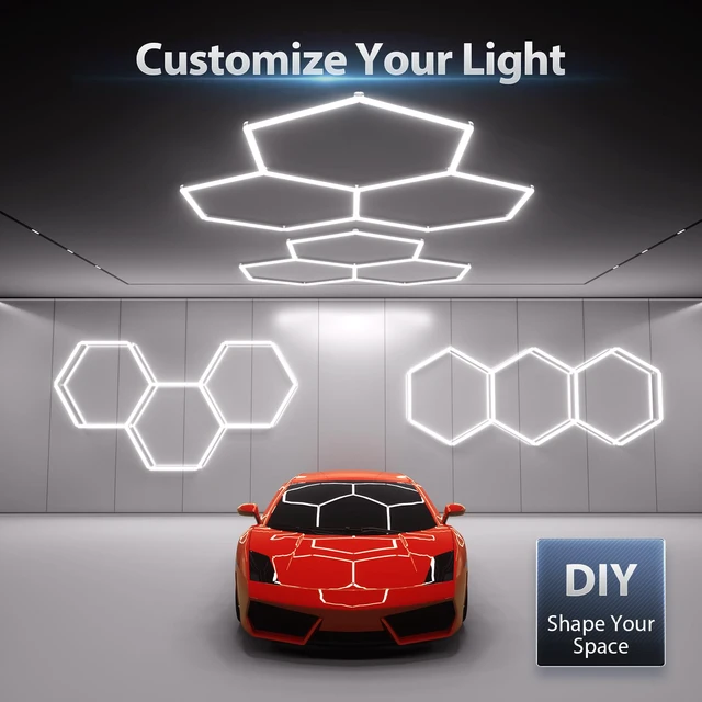Alt view image 3 of 7 - Hexagon Garage Lights 105W 12600LM, 6500K Ultra-Bright Hexagon LED Lights for Garage, 3 Grid Systems Honeycomb Hex Light for Workshop, Basement, Car Detailing, Gaming Room