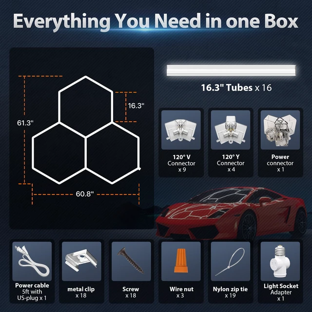 Alt view image 6 of 7 - Hexagon Garage Lights 105W 12600LM, 6500K Ultra-Bright Hexagon LED Lights for Garage, 3 Grid Systems Honeycomb Hex Light for Workshop, Basement, Car Detailing, Gaming Room
