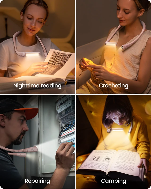 Alt view image 5 of 7 - Bendable Neck Light, 100 Hours Reading Light for Book Lover Gifts Hands-Free, Knitting, Crafting, Repairing, 5-Color, Stepless Dimming, Ergonomic, Rechargeable, Eye Care, Sleep Aid, Traveling