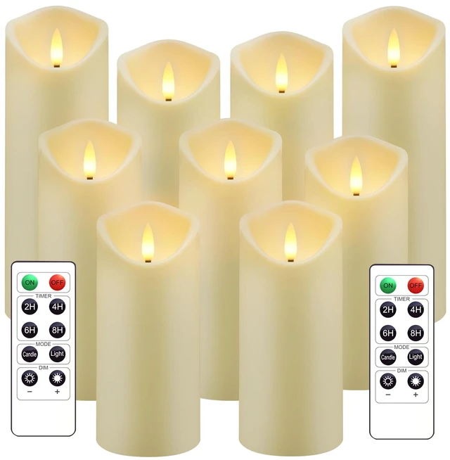 Main image of Flickering Flameless Candles, Battery Operated Acrylic LED Pillar Candles with Remote Control and Timer,Set of 9 (Ivory)