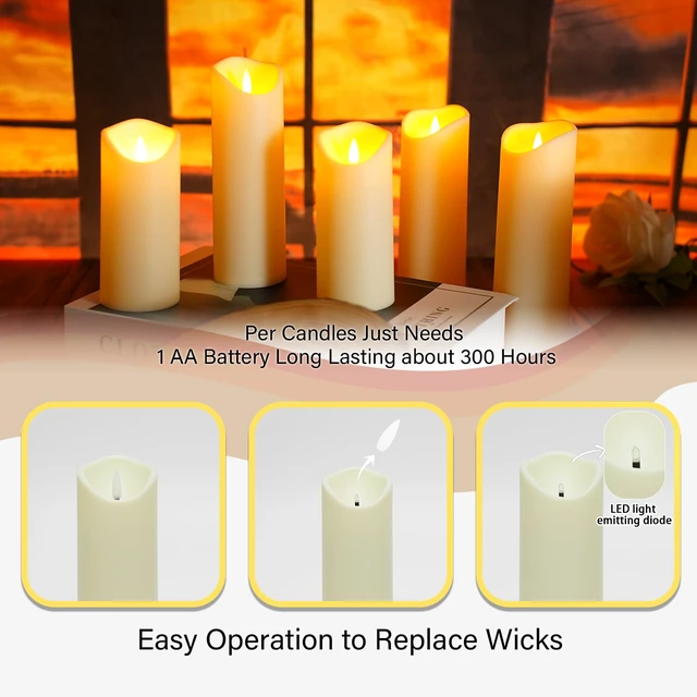 Alt view image 2 of 6 - Flickering Flameless Candles, Battery Operated Acrylic LED Pillar Candles with Remote Control and Timer,Set of 9 (Ivory)