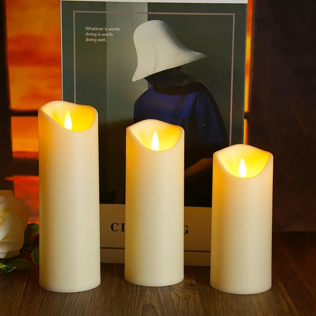 Alt view image 3 of 6 - Flickering Flameless Candles, Battery Operated Acrylic LED Pillar Candles with Remote Control and Timer,Set of 9 (Ivory)