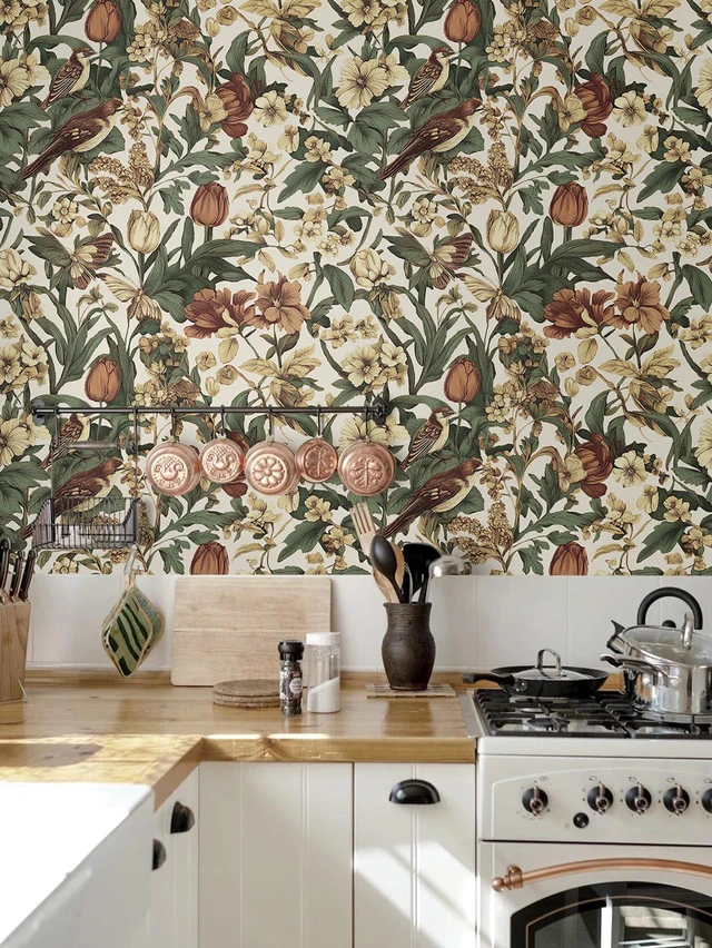 Alt view image 2 of 7 - Retro Floral and Bird Contact Paper Vintage Peel and Stick Wallpaper