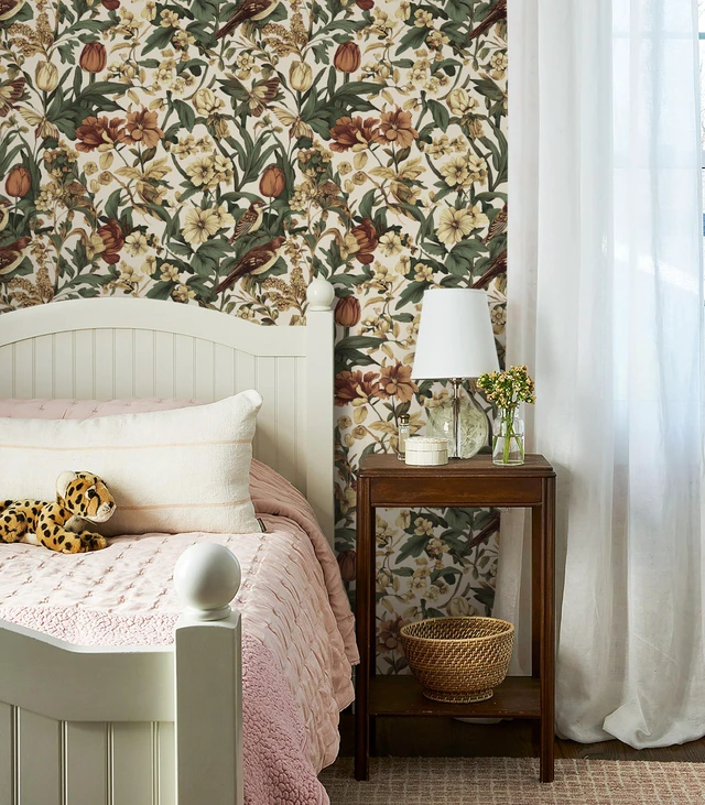 Alt view image 4 of 7 - Retro Floral and Bird Contact Paper Vintage Peel and Stick Wallpaper