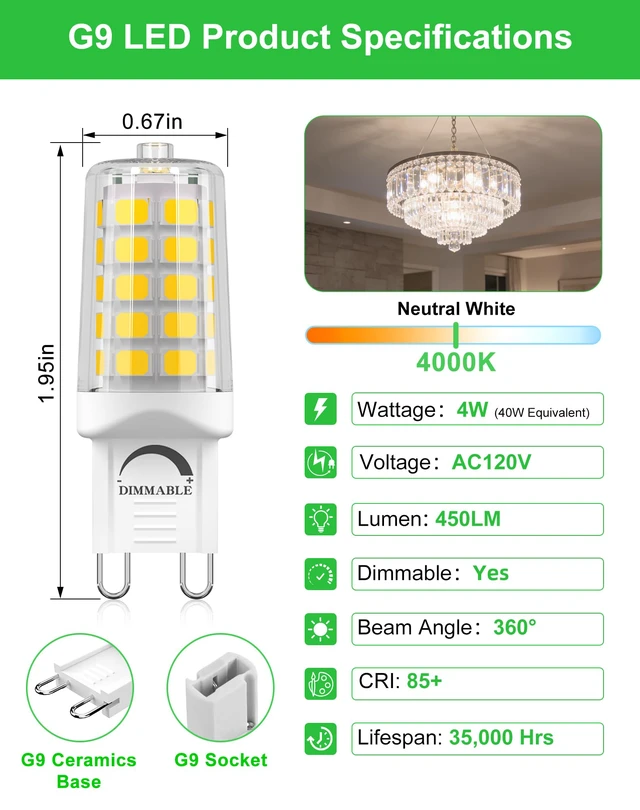 Alt view image 2 of 7 - G9 LED Bulb Dimmable 4W 4000K Neutral White 5 Pack Replacement 40W G9 Halogen Light Bulb T4 Bi-pin Base 450LM Ceramic Base Great for Office, Reading, Kitchen, Desk Lamp