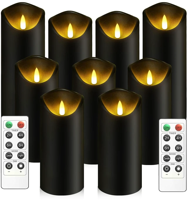 Main image of Flickering Flameless Candles, Battery Operated Plastic LED Pillar Candles with Remote Control and Timer, Set of 9 (Black)