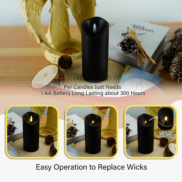 Alt view image 4 of 7 - Flickering Flameless Candles, Battery Operated Plastic LED Pillar Candles with Remote Control and Timer, Set of 9 (Black)
