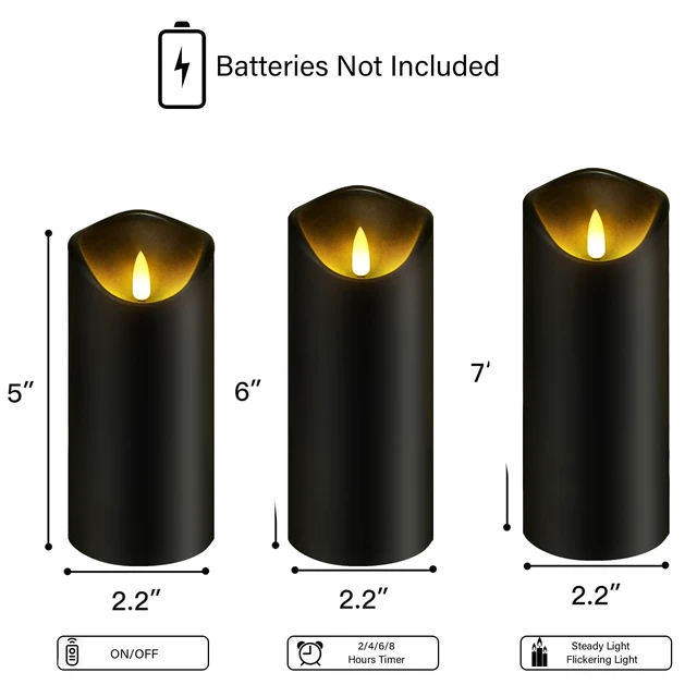 Alt view image 5 of 7 - Flickering Flameless Candles, Battery Operated Plastic LED Pillar Candles with Remote Control and Timer, Set of 9 (Black)