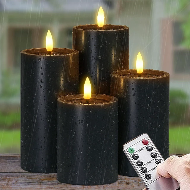 Main image of Outdoor Halloween 4pcs Flameless Waterproof Candles with Handy Remote Control, Cycle Timer Battery Operated Candle Grease LED Flickering Pillar Plastic Long Lasting (Black, 3" x4" 5" 6" 7")
