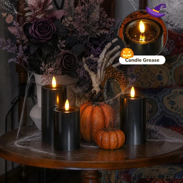 Alt view image 4 of 6 - Outdoor Halloween 4pcs Flameless Waterproof Candles with Handy Remote Control, Cycle Timer Battery Operated Candle Grease LED Flickering Pillar Plastic Long Lasting (Black, 3" x4" 5" 6" 7")