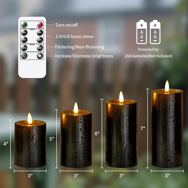 Alt view image 3 of 6 - Outdoor Halloween 4pcs Flameless Waterproof Candles with Handy Remote Control, Cycle Timer Battery Operated Candle Grease LED Flickering Pillar Plastic Long Lasting (Black, 3" x4" 5" 6" 7")