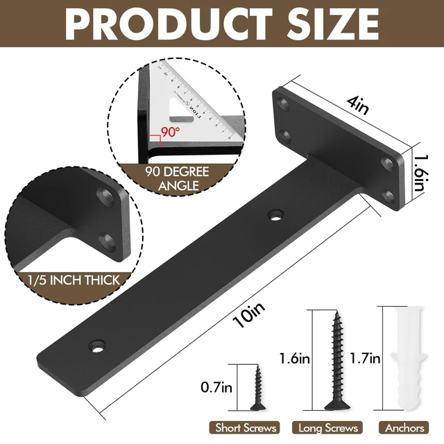 Alt view image 3 of 7 - 6 Pack Heavy Duty Metal Shelf Brackets 10 inch Long,Black L-Shaped Wall Shelf Bracket Hidden & Decorative Shelf Bracket,1/5-Thick,150 lbs of weight capacity