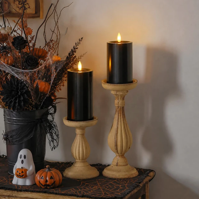Alt view image 6 of 6 - Outdoor Halloween 4pcs Flameless Waterproof Candles with Handy Remote Control, Cycle Timer Battery Operated Candle Grease LED Flickering Pillar Plastic Long Lasting (Black, 3" x4" 5" 6" 7")