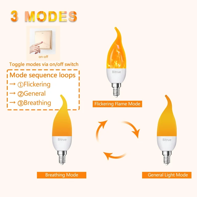 Alt view image 4 of 6 - LED Flickering Bulbs, 3 Modes Flickering Effect, E12 Chandelier Base Candle Flicker Bulb, Flicker Light Bulbs for Halloween Home Decor (E12-6 Pack)