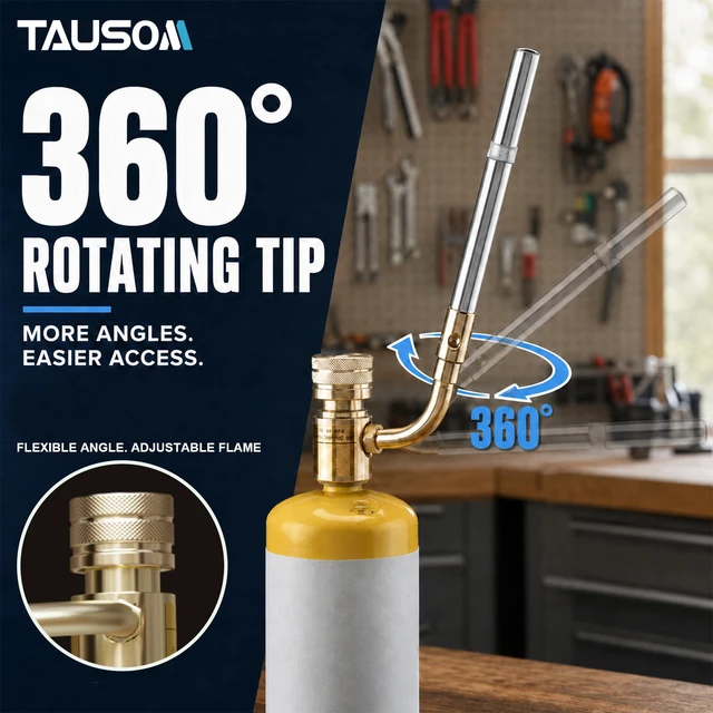 Alt view image 3 of 7 - 360° Swivel Propane Torch Head, Adjustable for Soldering and Brazing High-temp stainless steel burner tube with CGA600 brass connector for MAPP gas, adjustable heat, and stable output