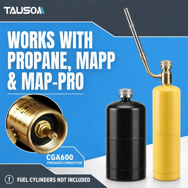 Alt view image 7 of 7 - 360° Swivel Propane Torch Head, Adjustable for Soldering and Brazing High-temp stainless steel burner tube with CGA600 brass connector for MAPP gas, adjustable heat, and stable output