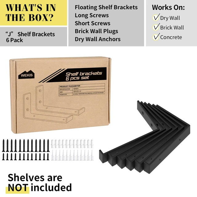 Alt view image 2 of 7 - Shelf Bracket, Heavy Duty Floating Shelf Brackets 10-Inch Long, 6-Pack Brackets for Shelves, Black Coated J Shape Metal Wall Shelf Support Brackets with 1/5-Inch Thick and 160 lb. Load Capacity
