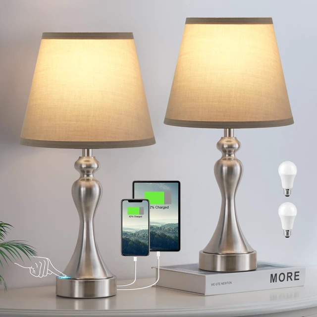 Main image of Touch Lamps for Nightstand, 3 Way Dimmable Bedside Lamps with USB C+A Ports Touch Control, LED Bulb Included, Small Silver Table Lamp for Bedroom, Night Stands, End Table, GiftCordedGrey Shade