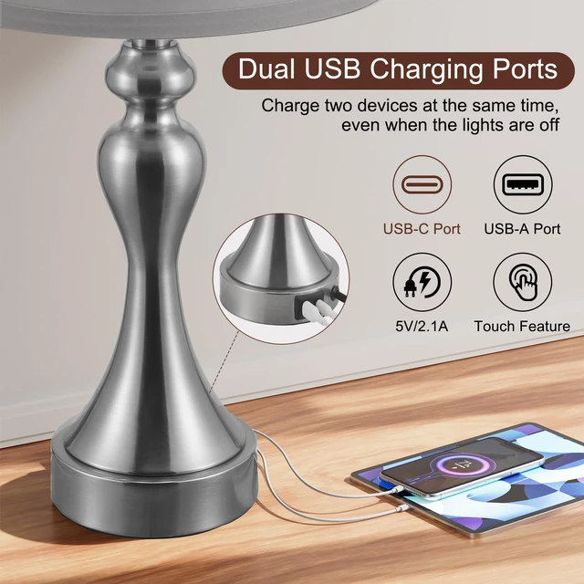 Alt view image 4 of 7 - Touch Lamps for Nightstand, 3 Way Dimmable Bedside Lamps with USB C+A Ports Touch Control, LED Bulb Included, Small Silver Table Lamp for Bedroom, Night Stands, End Table, GiftCordedGrey Shade