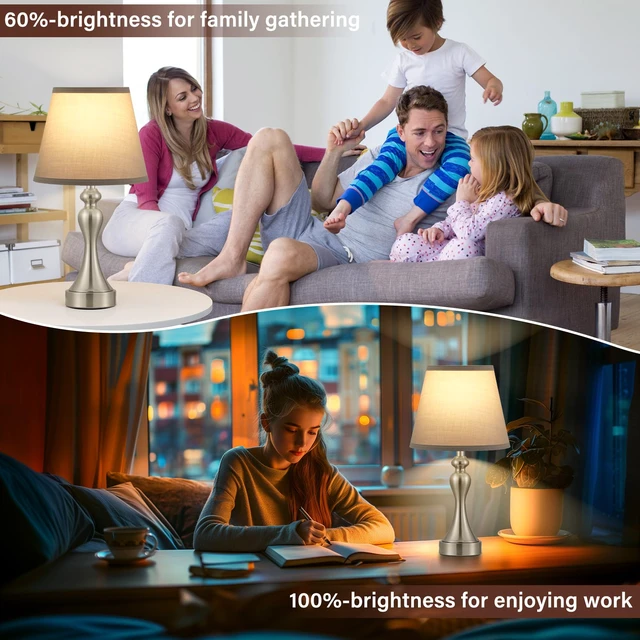 Alt view image 3 of 7 - Touch Lamps for Nightstand, 3 Way Dimmable Bedside Lamps with USB C+A Ports Touch Control, LED Bulb Included, Small Silver Table Lamp for Bedroom, Night Stands, End Table, GiftCordedGrey Shade