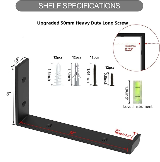 Alt view image 3 of 7 - Shelf Bracket, Heavy Duty Floating Shelf Brackets 10-Inch Long, 6-Pack Brackets for Shelves, Black Coated J Shape Metal Wall Shelf Support Brackets with 1/5-Inch Thick and 160 lb. Load Capacity