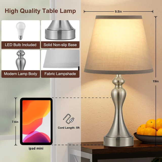 Alt view image 7 of 7 - Touch Lamps for Nightstand, 3 Way Dimmable Bedside Lamps with USB C+A Ports Touch Control, LED Bulb Included, Small Silver Table Lamp for Bedroom, Night Stands, End Table, GiftCordedGrey Shade