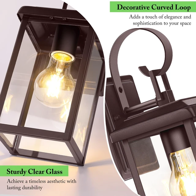 Alt view image 3 of 7 - 2-Pack Outdoor Wall Light Fixtures, Modern Porch Sconces, Brown Waterproof, Rust-Resistant, Durable Metal with Clear Glass, Standard E26 Socket, Easy to Install